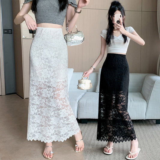 📺︎︎  CGS8604-82B 蕾絲網紗半身裙高腰顯瘦垂感A字包臀長裙(2色)