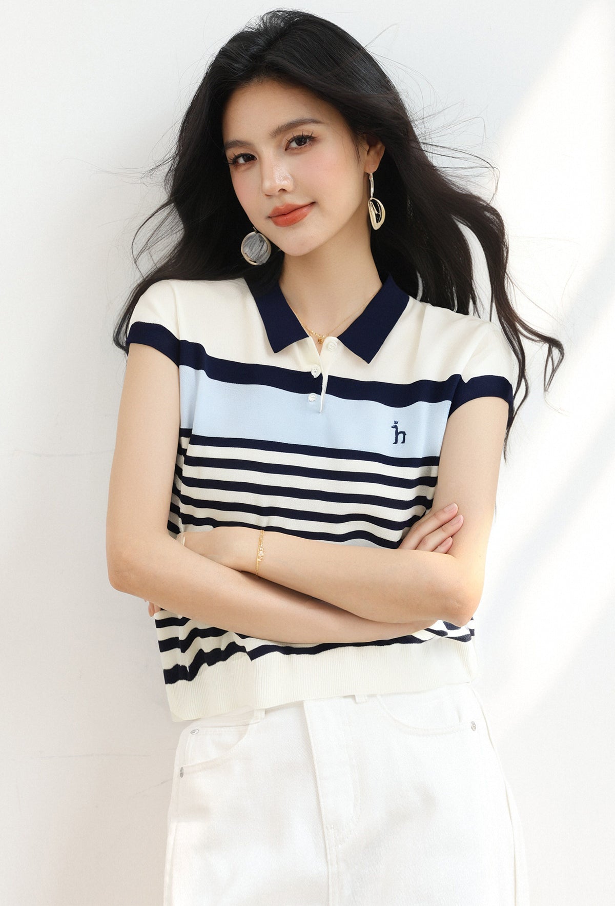 CGE0409-17B 翻領拼色條紋短袖天絲亞麻針織T恤(2色)