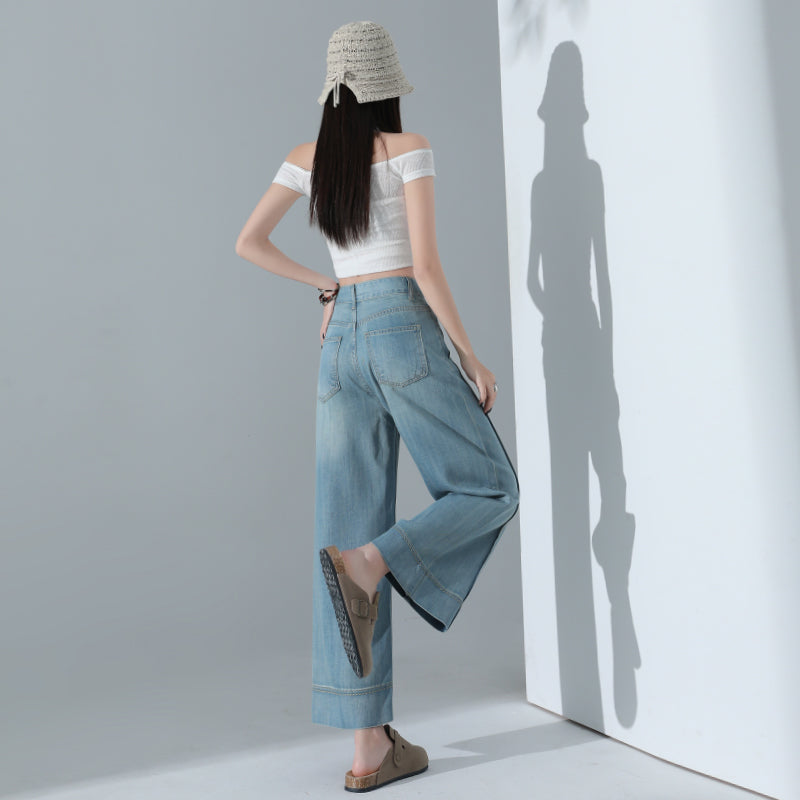 CGA6178-11B 夏薄款萊賽爾高腰垂感淺色天絲闊腿牛仔褲