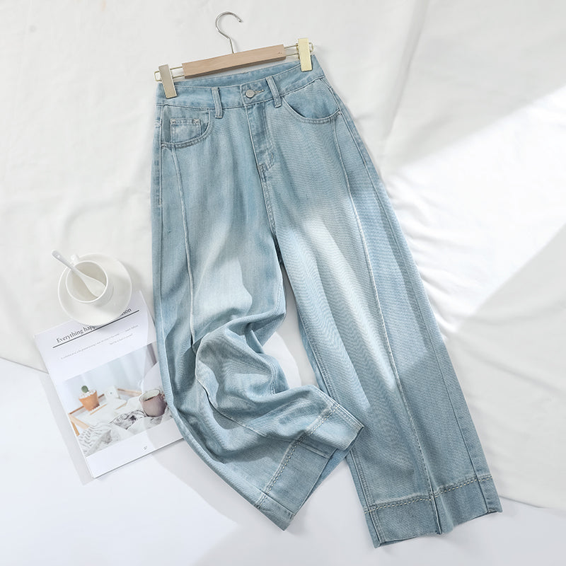 CGA6178-11B 夏薄款萊賽爾高腰垂感淺色天絲闊腿牛仔褲