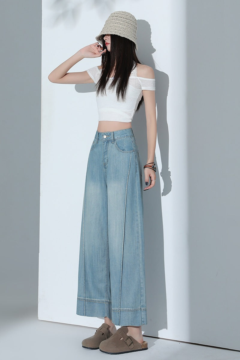 CGA6178-11B 夏薄款萊賽爾高腰垂感淺色天絲闊腿牛仔褲