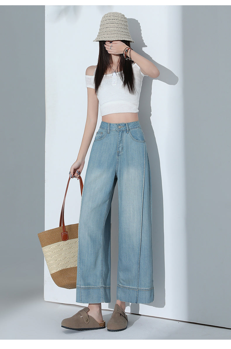 CGA6178-11B 夏薄款萊賽爾高腰垂感淺色天絲闊腿牛仔褲