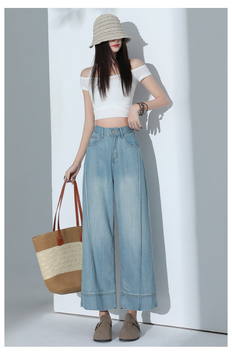 CGA6178-11B 夏薄款萊賽爾高腰垂感淺色天絲闊腿牛仔褲