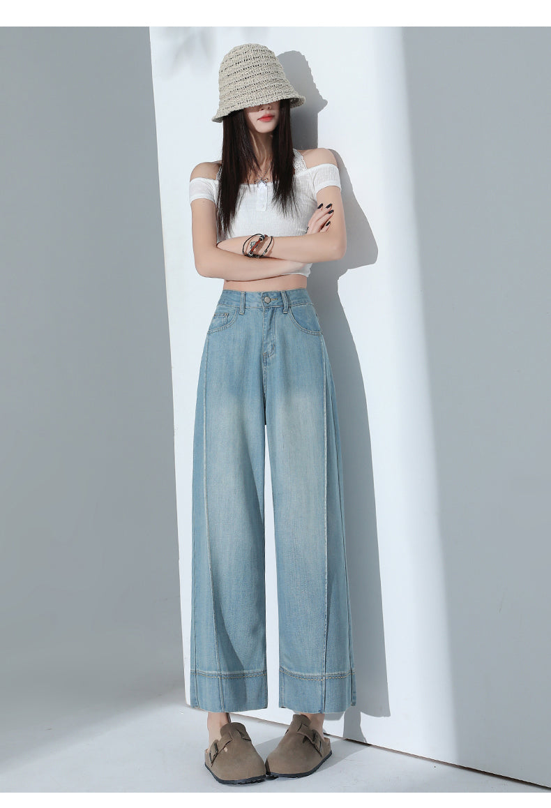 CGA6178-11B 夏薄款萊賽爾高腰垂感淺色天絲闊腿牛仔褲