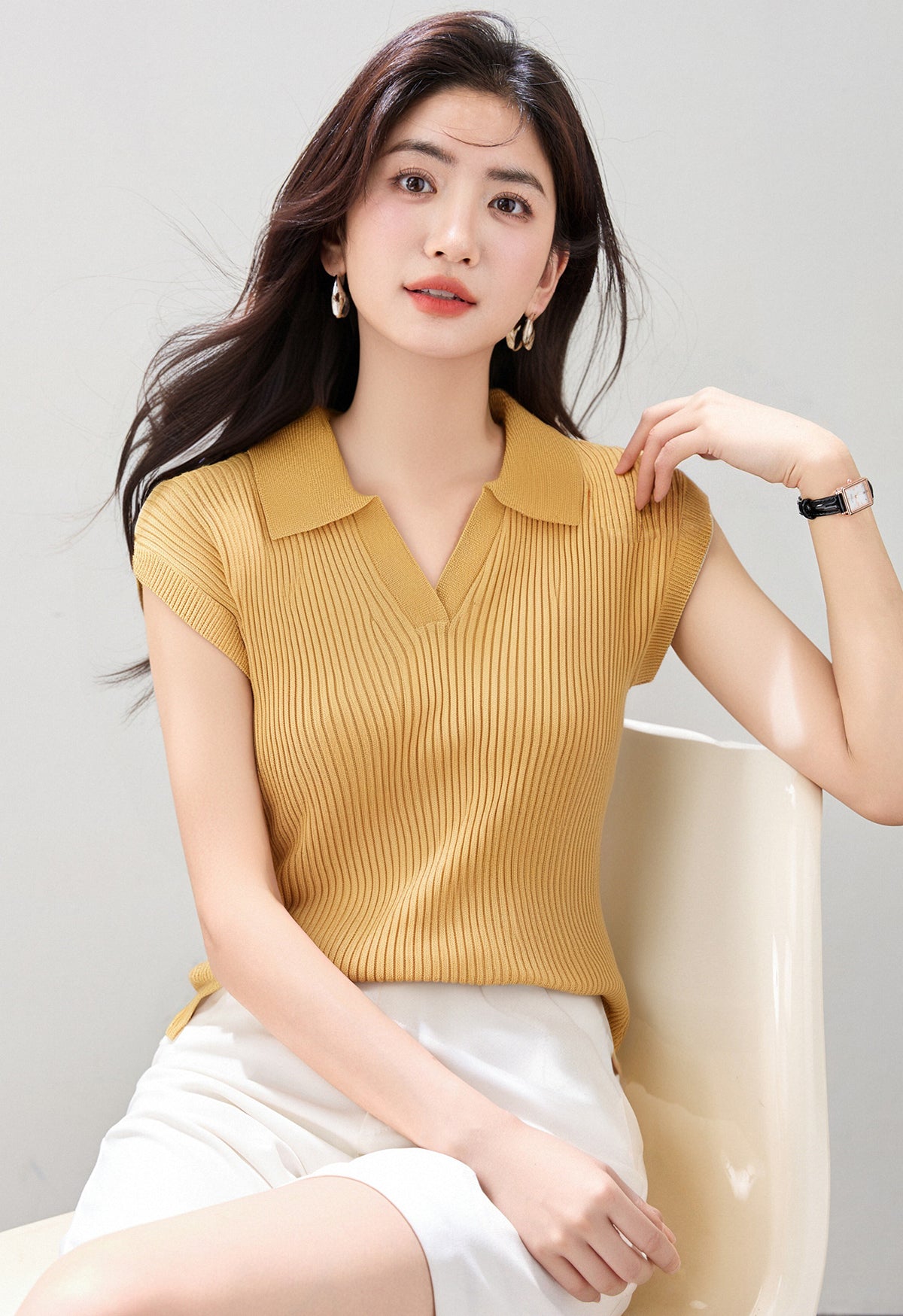 CGE0476-17B 正肩T恤夏款冰絲針織衫短袖修身短款POLO領上衣