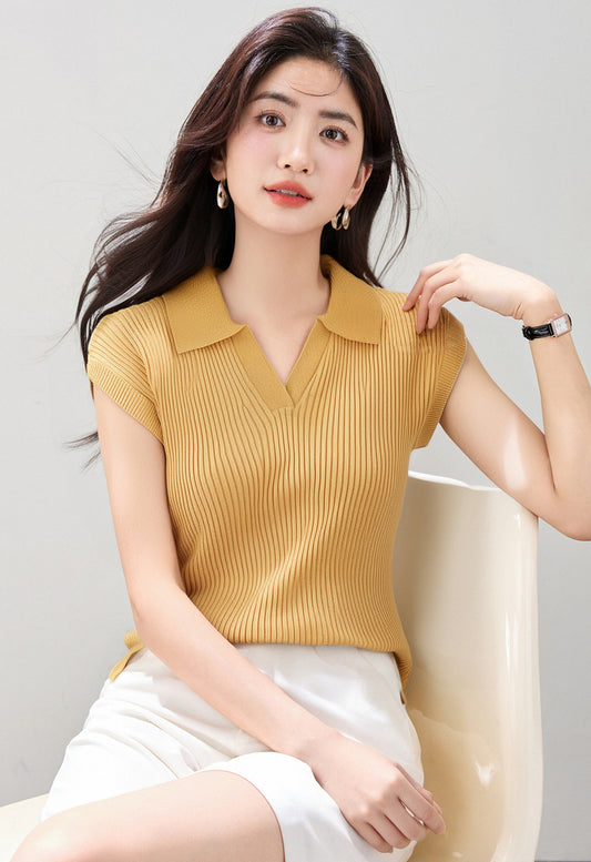 CGE0476-17B 正肩T恤夏款冰絲針織衫短袖修身短款POLO領上衣