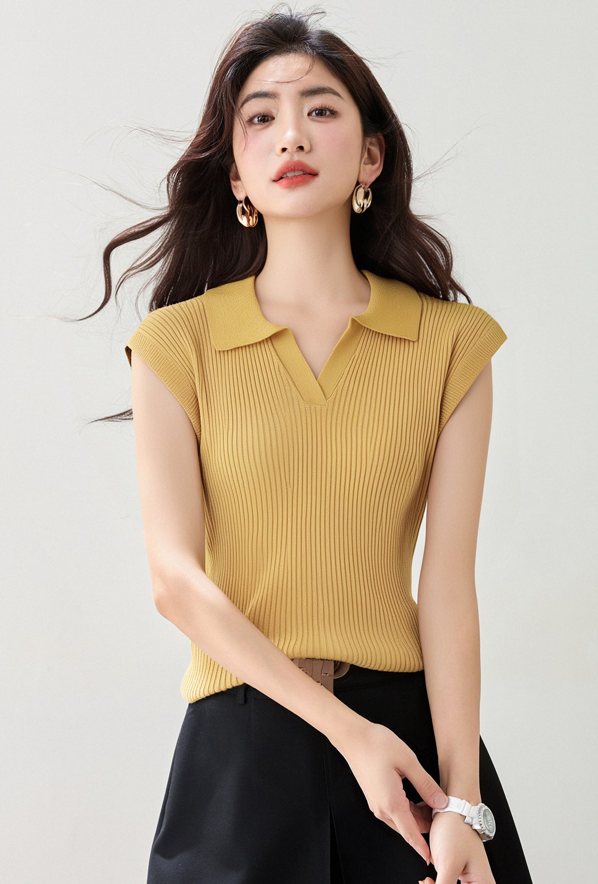 CGE0476-17B 正肩T恤夏款冰絲針織衫短袖修身短款POLO領上衣