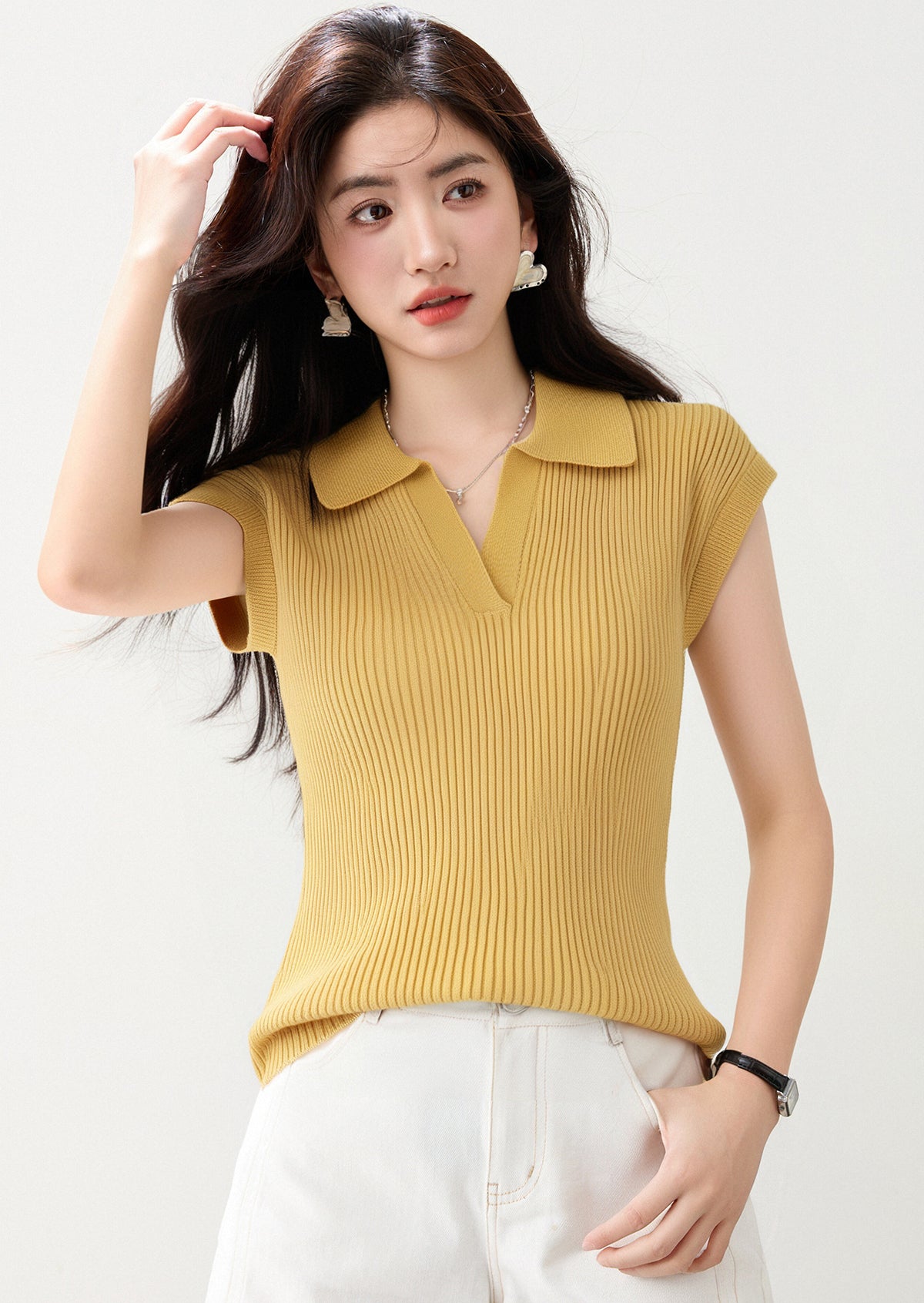 CGE0476-17B 正肩T恤夏款冰絲針織衫短袖修身短款POLO領上衣