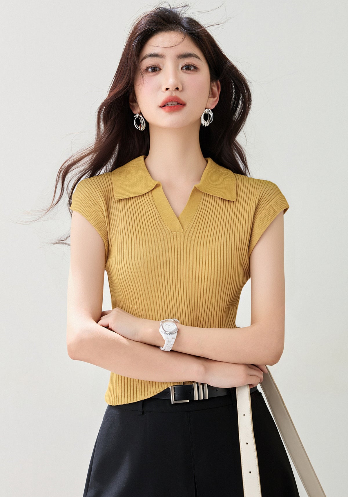 CGE0476-17B 正肩T恤夏款冰絲針織衫短袖修身短款POLO領上衣