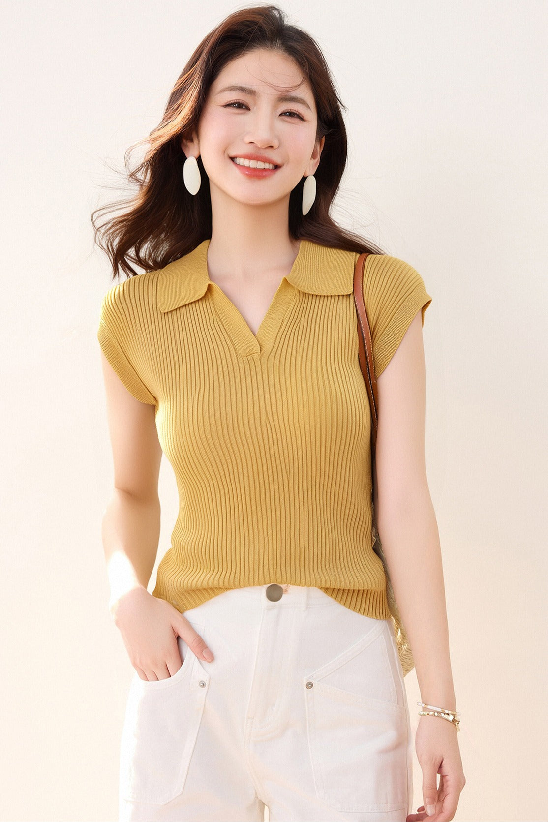 CGE0476-17B 正肩T恤夏款冰絲針織衫短袖修身短款POLO領上衣