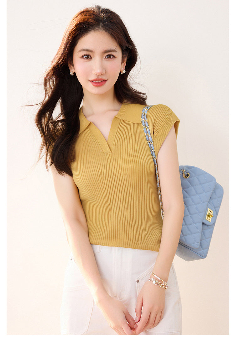 CGE0476-17B 正肩T恤夏款冰絲針織衫短袖修身短款POLO領上衣