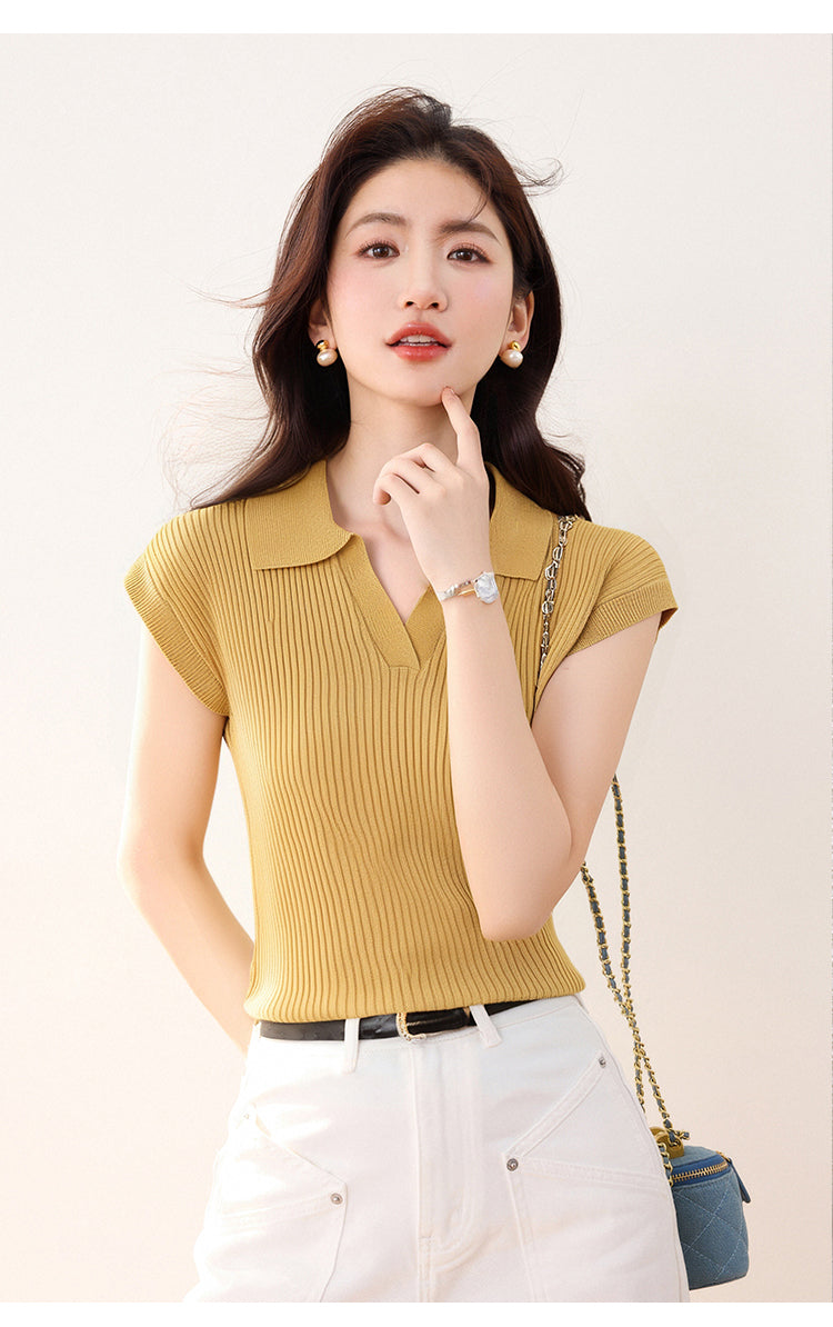 CGE0476-17B 正肩T恤夏款冰絲針織衫短袖修身短款POLO領上衣