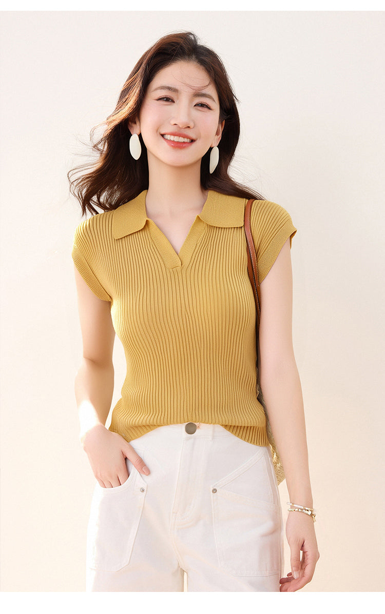 CGE0476-17B 正肩T恤夏款冰絲針織衫短袖修身短款POLO領上衣