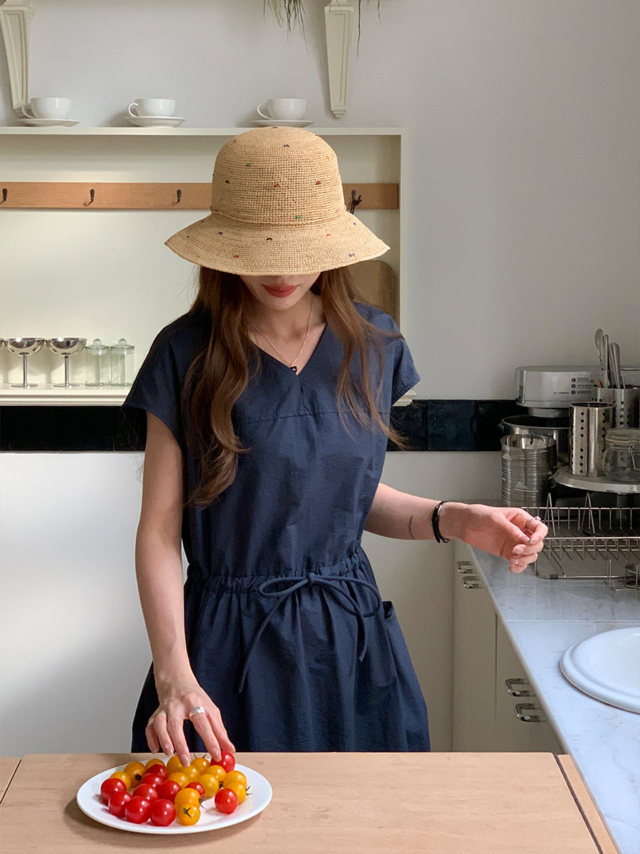 CGB0658-36H 休閒簡約系帶收腰純色V領寬鬆大口袋連衣裙