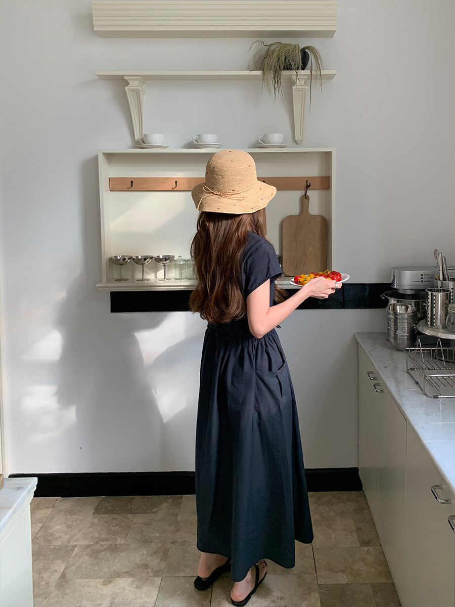 CGB0658-36H 休閒簡約系帶收腰純色V領寬鬆大口袋連衣裙