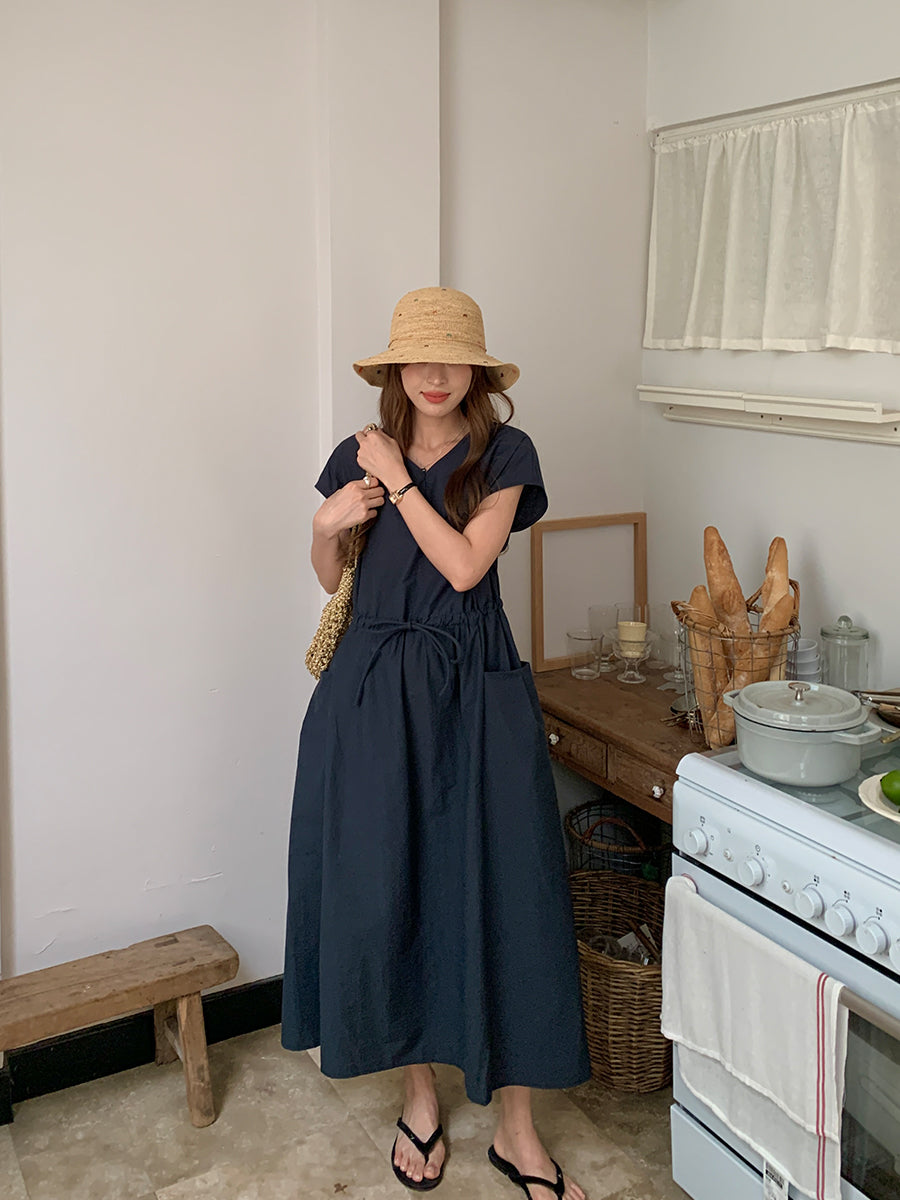 CGB0658-36H 休閒簡約系帶收腰純色V領寬鬆大口袋連衣裙