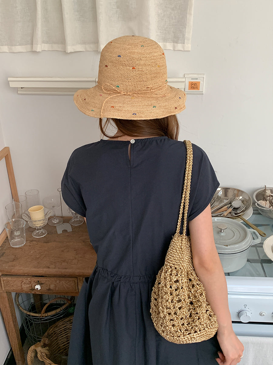 CGB0658-36H 休閒簡約系帶收腰純色V領寬鬆大口袋連衣裙