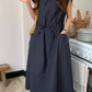 CGB0658-36H 休閒簡約系帶收腰純色V領寬鬆大口袋連衣裙