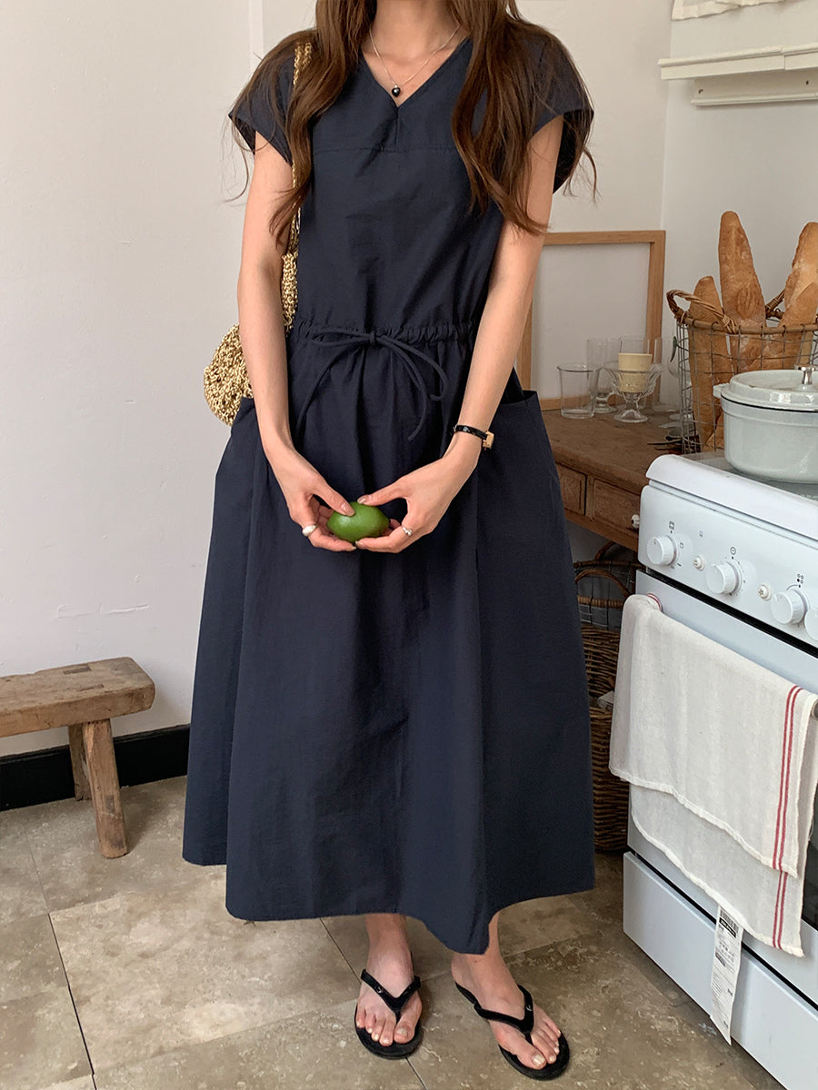 CGB0658-36H 休閒簡約系帶收腰純色V領寬鬆大口袋連衣裙