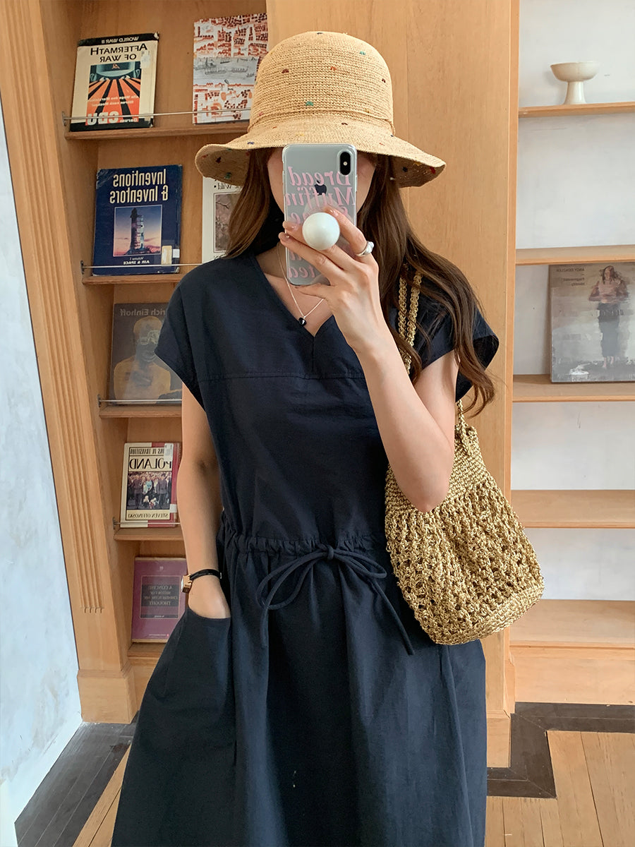 CGB0658-36H 休閒簡約系帶收腰純色V領寬鬆大口袋連衣裙