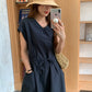 CGB0658-36H 休閒簡約系帶收腰純色V領寬鬆大口袋連衣裙