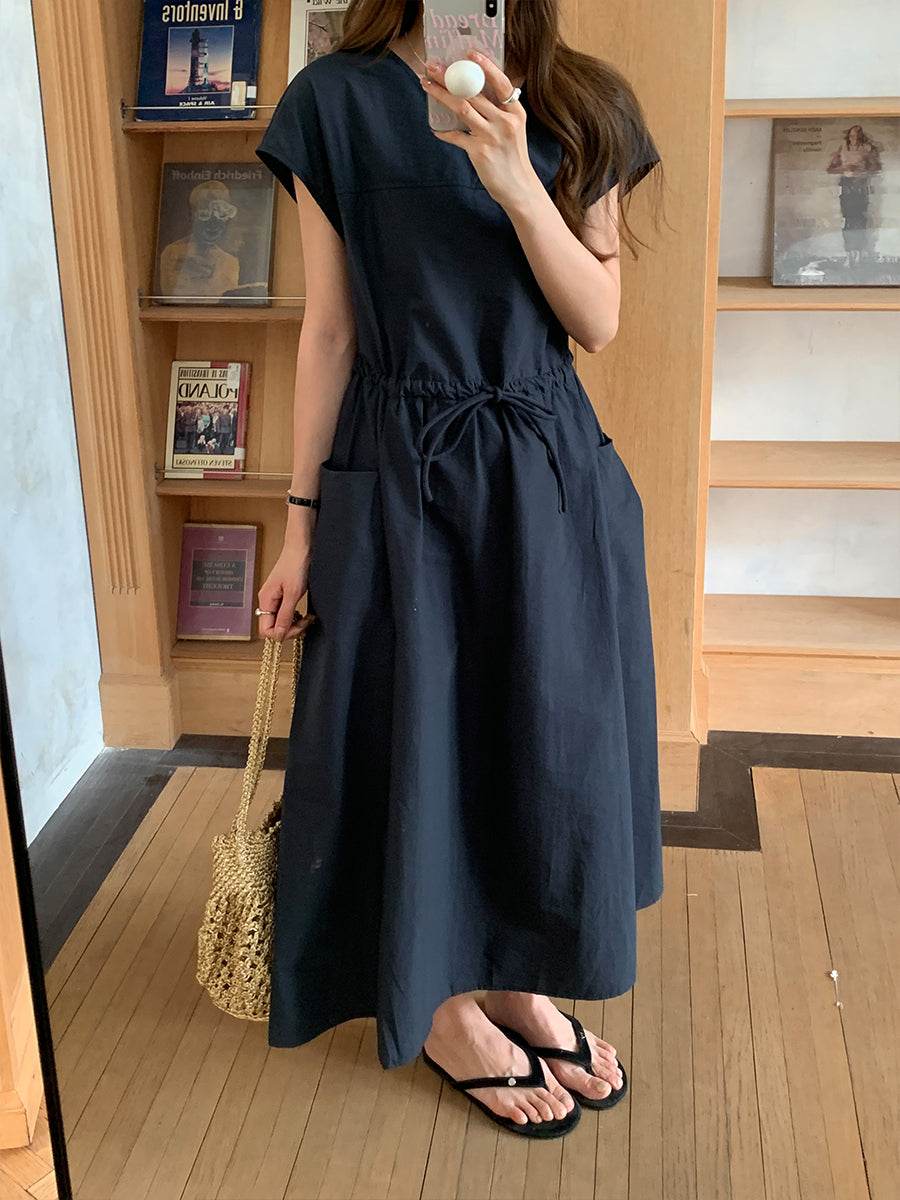 CGB0658-36H 休閒簡約系帶收腰純色V領寬鬆大口袋連衣裙