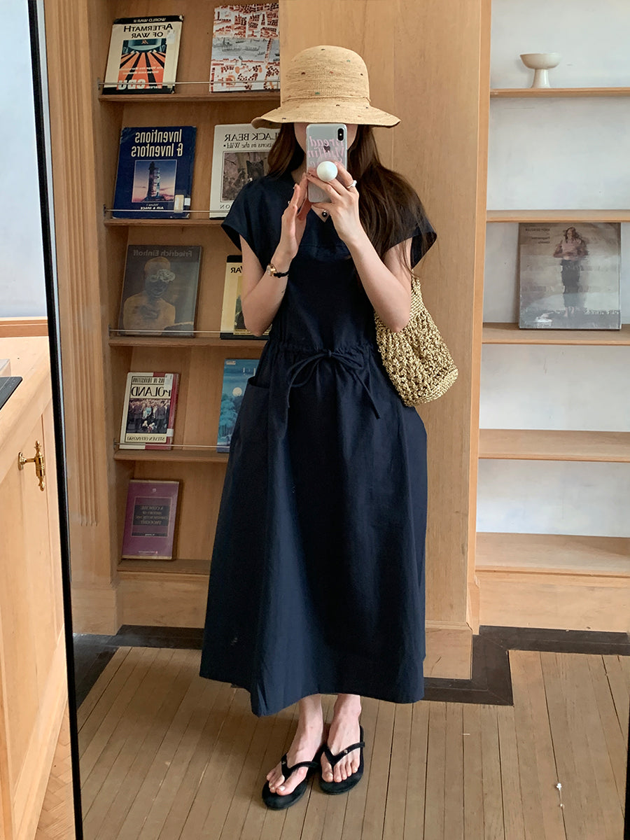 CGB0658-36H 休閒簡約系帶收腰純色V領寬鬆大口袋連衣裙