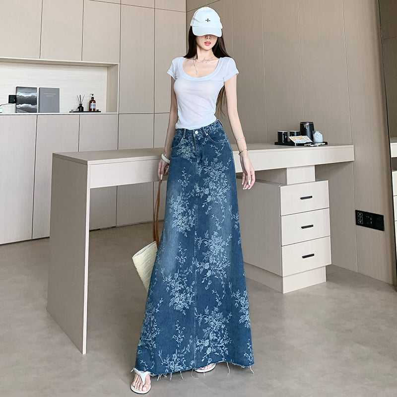 CGS1697-36H 碎花刺繡牛仔半身裙夏季薄款高腰A字長裙