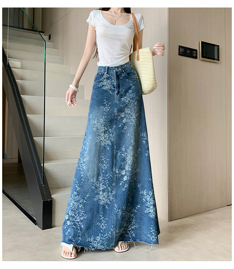 CGS1697-36H 碎花刺繡牛仔半身裙夏季薄款高腰A字長裙