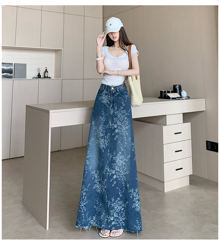 CGS1697-36H 碎花刺繡牛仔半身裙夏季薄款高腰A字長裙