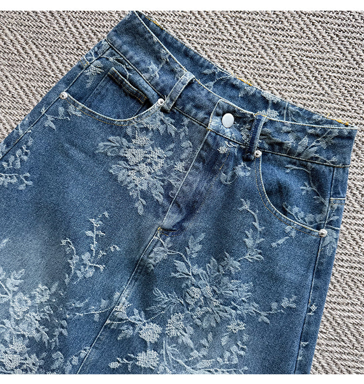 CGS1697-36H 碎花刺繡牛仔半身裙夏季薄款高腰A字長裙