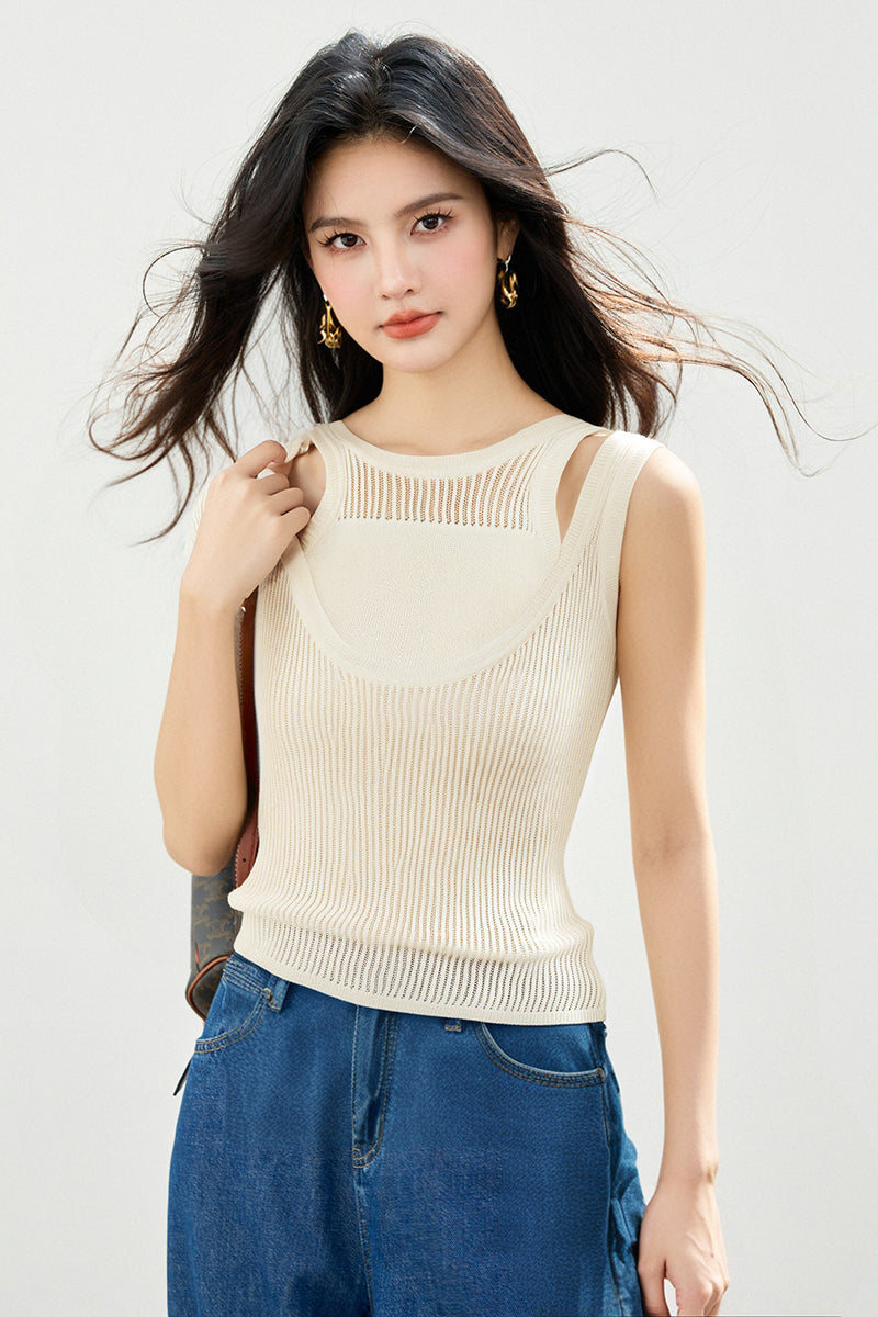 CGF8178-89B 夏季甜辣風假兩件U領無袖背心(2色)