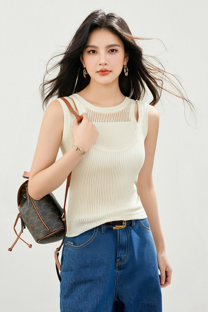 CGF8178-89B 夏季甜辣風假兩件U領無袖背心(2色)