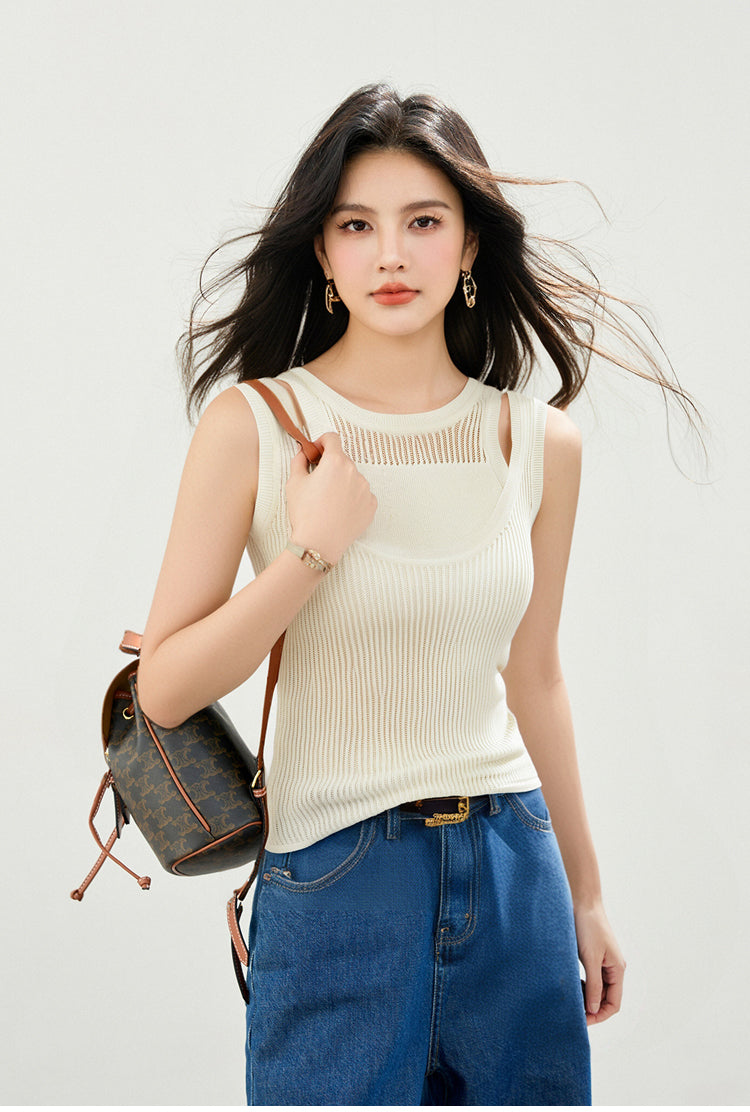 CGF8178-89B 夏季甜辣風假兩件U領無袖背心(2色)