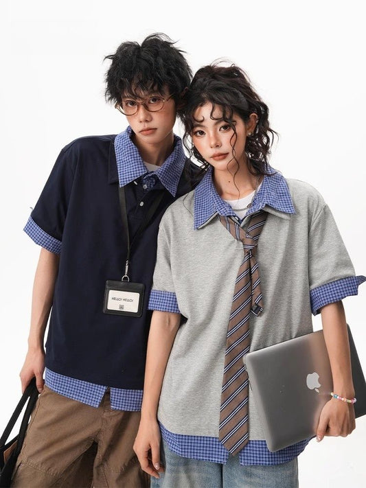 CBE8559-54B 假兩件格紋POLO夏季復古短袖T恤(2色)