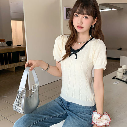 CGEZD118-42B 蝴蝶結V領撞色短袖針織衫(3色)