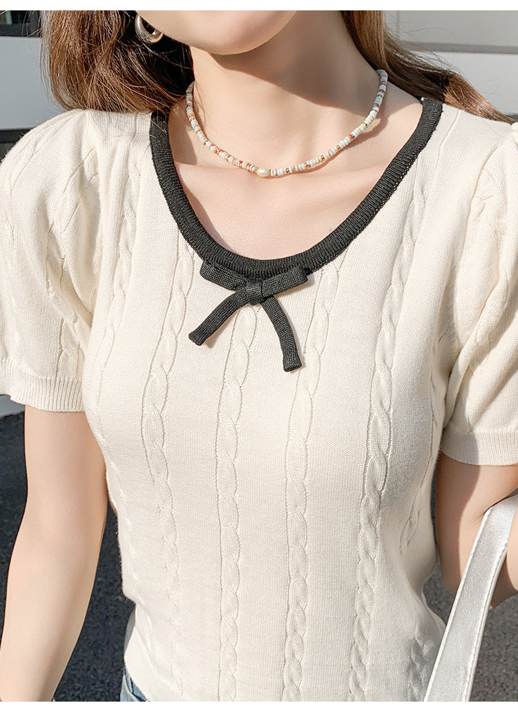 CGEZD118-42B 蝴蝶結V領撞色短袖針織衫(3色)
