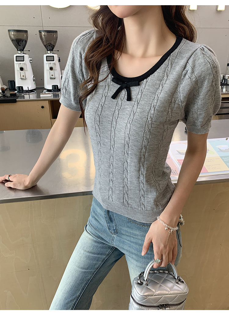 CGEZD118-42B 蝴蝶結V領撞色短袖針織衫(3色)