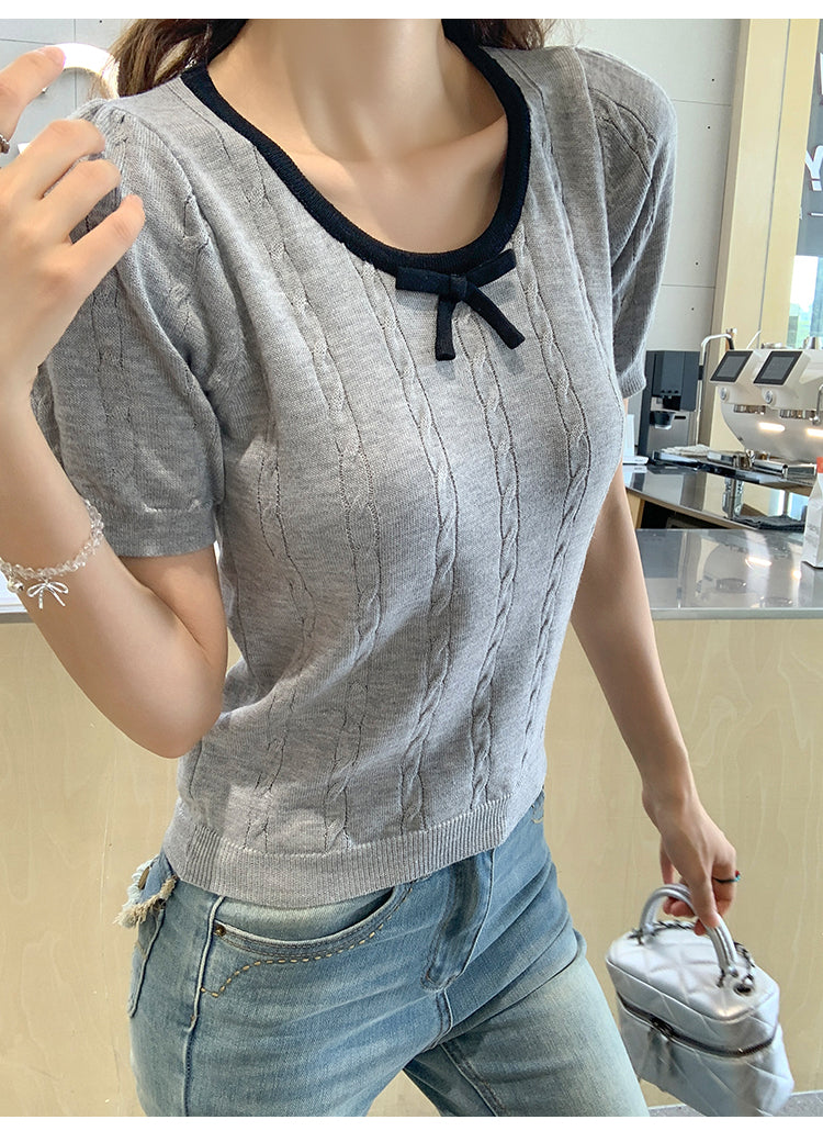 CGEZD118-42B 蝴蝶結V領撞色短袖針織衫(3色)