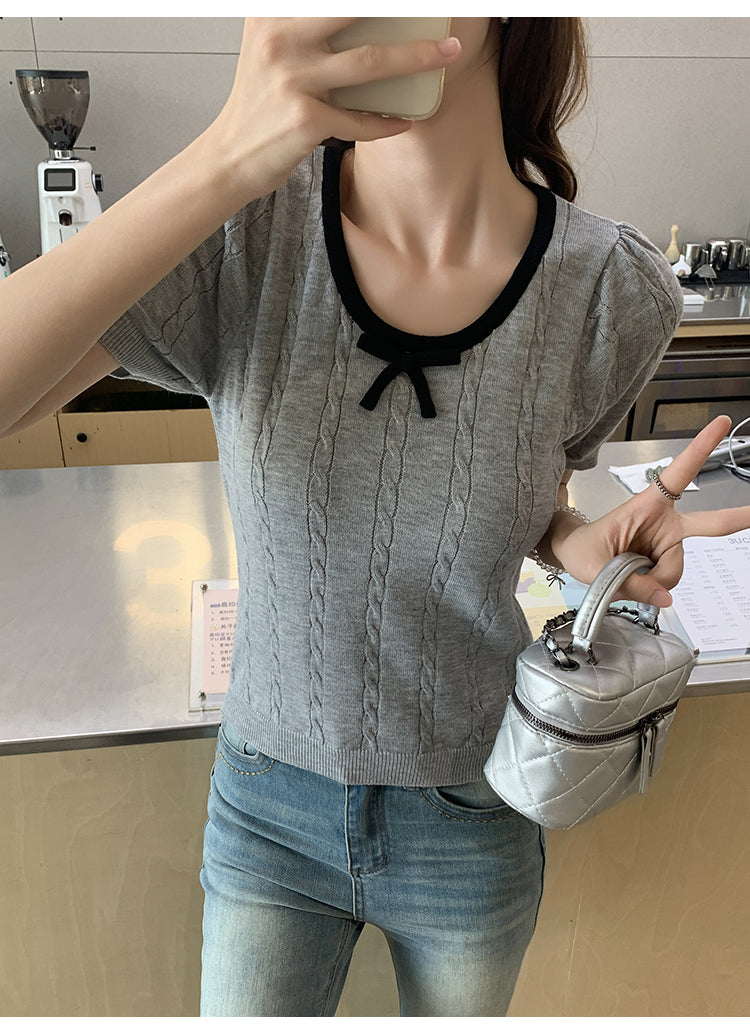 CGEZD118-42B 蝴蝶結V領撞色短袖針織衫(3色)