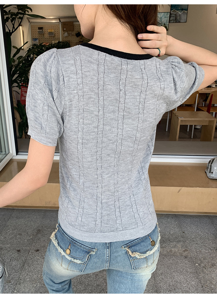 CGEZD118-42B 蝴蝶結V領撞色短袖針織衫(3色)