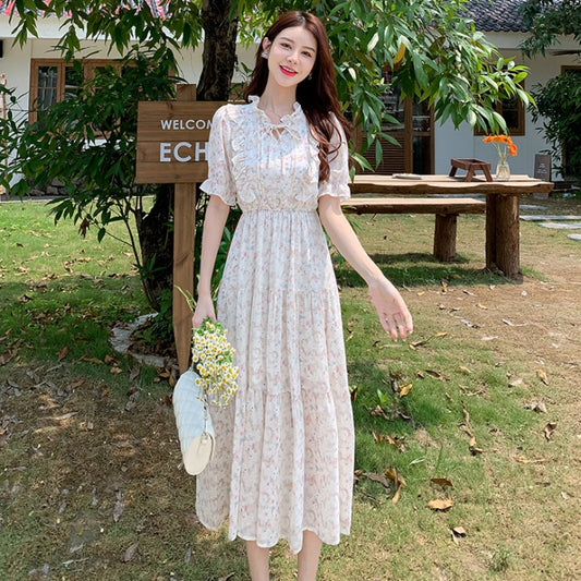 📺︎︎ CGBMD1339-41B 印花雪紡連衣裙女中長款泡泡袖