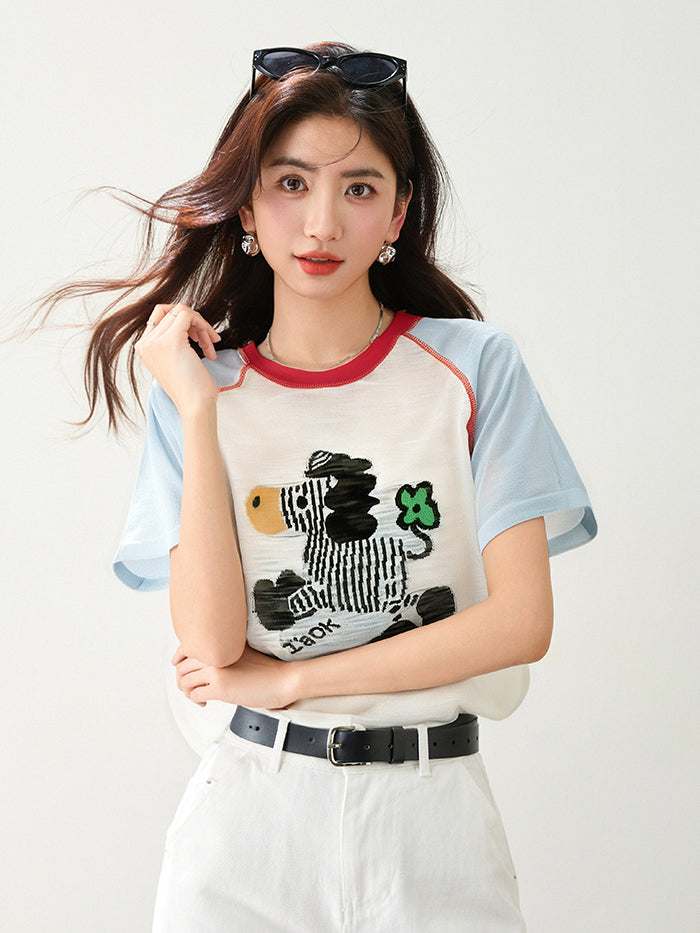 CGE8452-89B 卡通圖案女裝針織衫毛衣短袖拼色百搭薄款打底衫