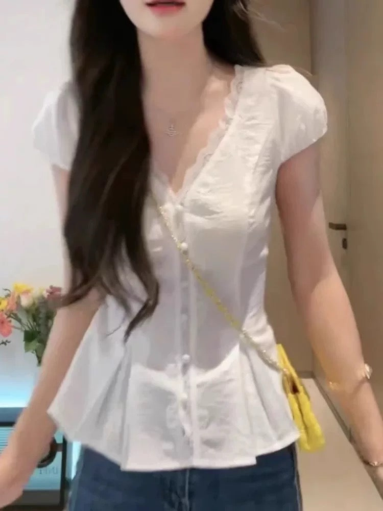 CGE91147-36H 蕾絲拼接V領鏤空夏季上衣