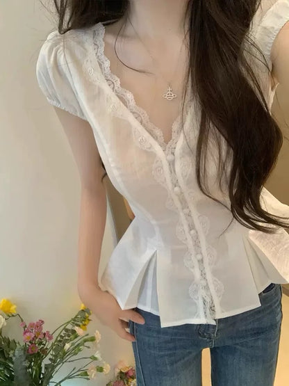 CGE91147-36H 蕾絲拼接V領鏤空夏季上衣