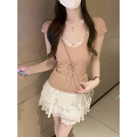CGE26037-64B 花邊收腰系帶提花安迪絨針織衫短袖上衣(3色)