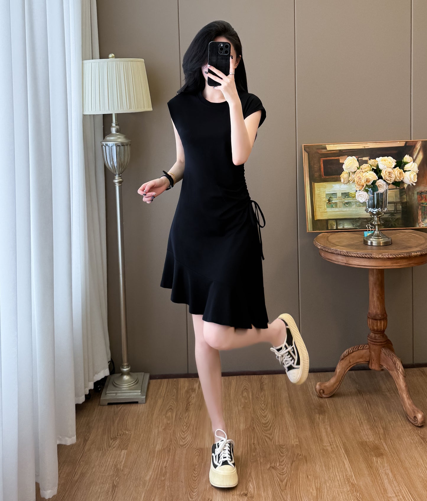 📺︎︎ CGB3652-121B 抽繩魚尾不規則中長款連衣裙