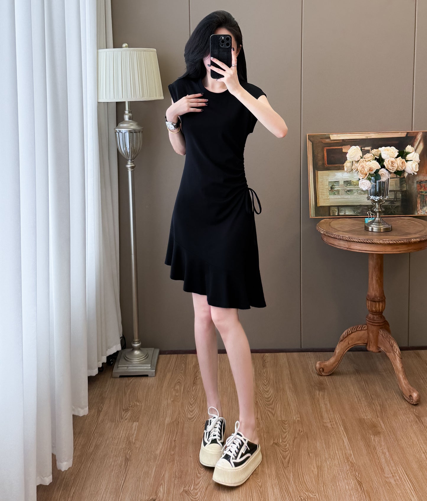 📺︎︎ CGB3652-121B 抽繩魚尾不規則中長款連衣裙