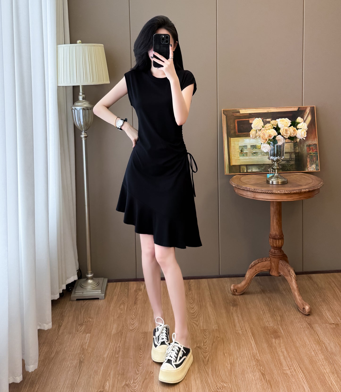 📺︎︎ CGB3652-121B 抽繩魚尾不規則中長款連衣裙