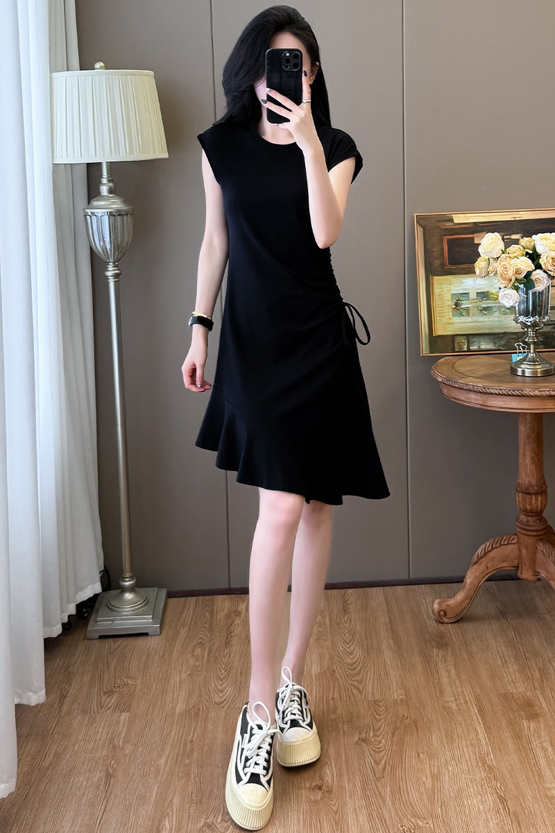 📺︎︎ CGB3652-121B 抽繩魚尾不規則中長款連衣裙